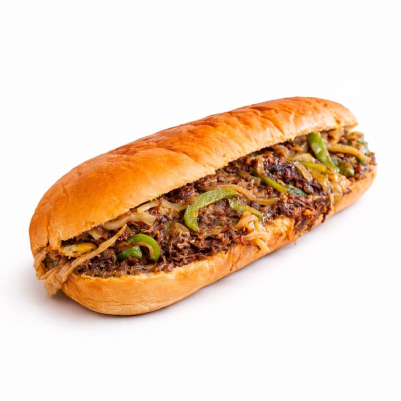 Philly clásico de Yuúmy, ternera y cheddar fundido en pan hoagie